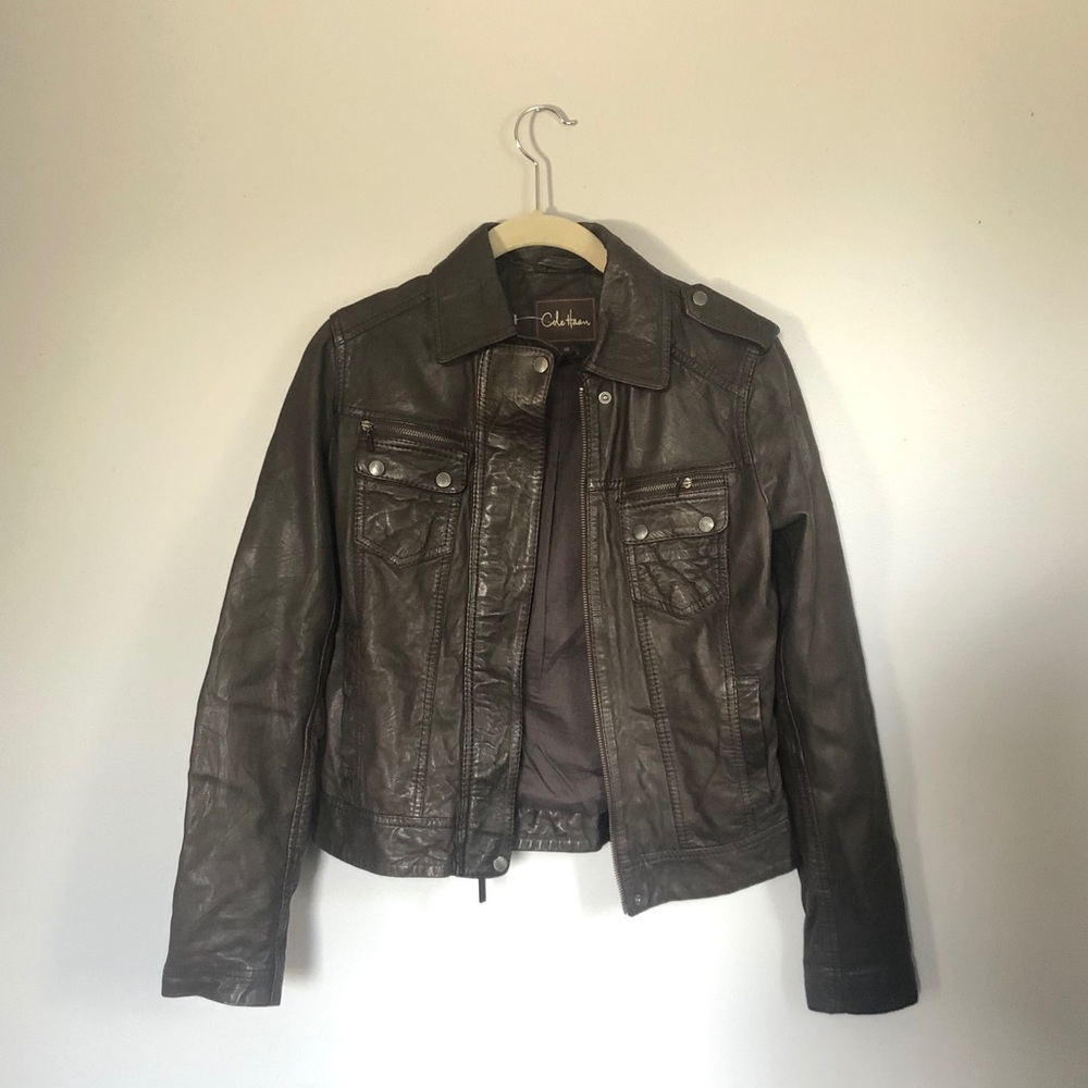 Cole Haan Leather Motorcycle Jacket Dark Brown